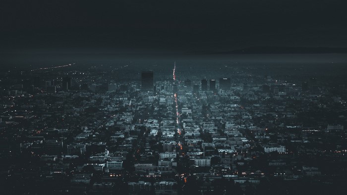 Aerial view of Los Angeles cityscape at night