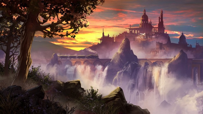 Fantasy city with train crossing a waterfall at sunset
