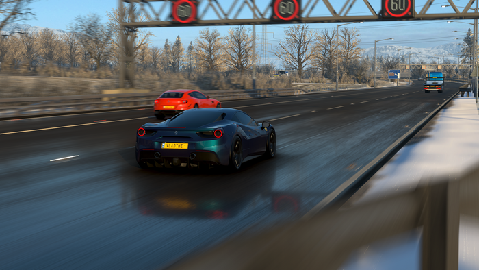 Ferrari 488 on a snowy highway in Forza Horizon 4