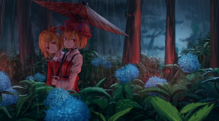 Minoriko Aki and Shizuha Aki from Touhou holding an umbrella