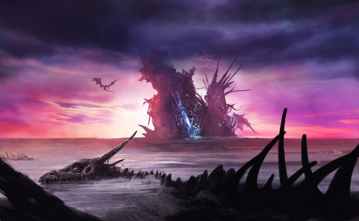 Fantasy art of dragons and dragon skulls at sunset
