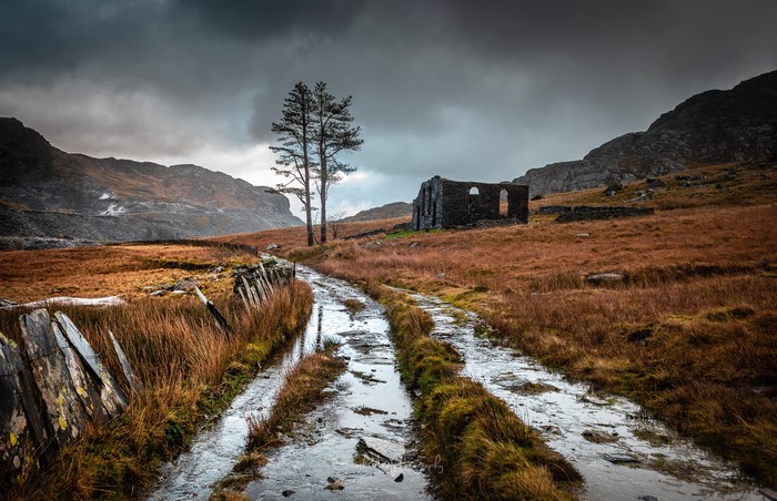 Ruined building and trees on a wet path in the mountains