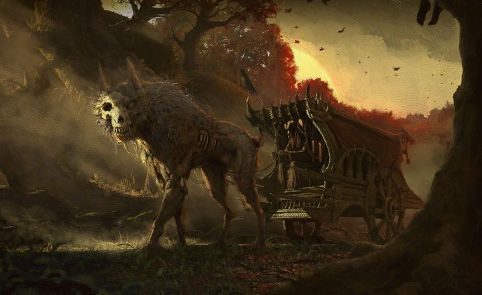 Undead wolf pulling a carriage in a dark forest