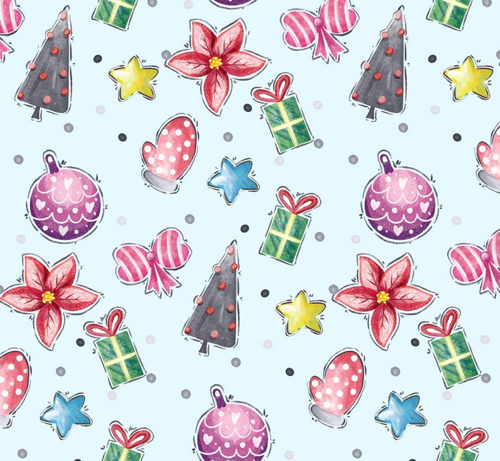 Christmas ornaments pattern with poinsettias, stars, and gifts