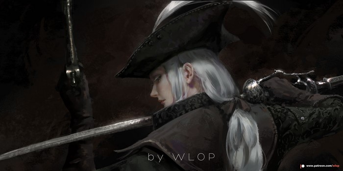 Lady Maria from Bloodborne holding a sword and pistol