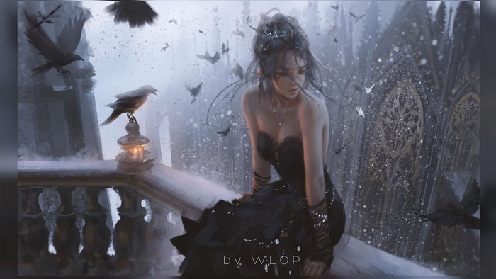 Fantasy girl in black dress with birds and gothic architecture