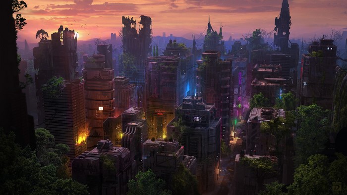 Ruined futuristic city at sunset with overgrown vegetation