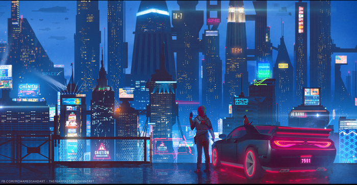 Cyberpunk Cityscape with Futuristic Car and Person