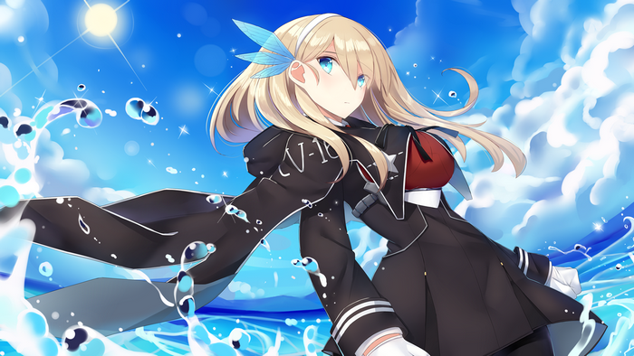 Anime girl with blonde hair and blue eyes in a black uniform