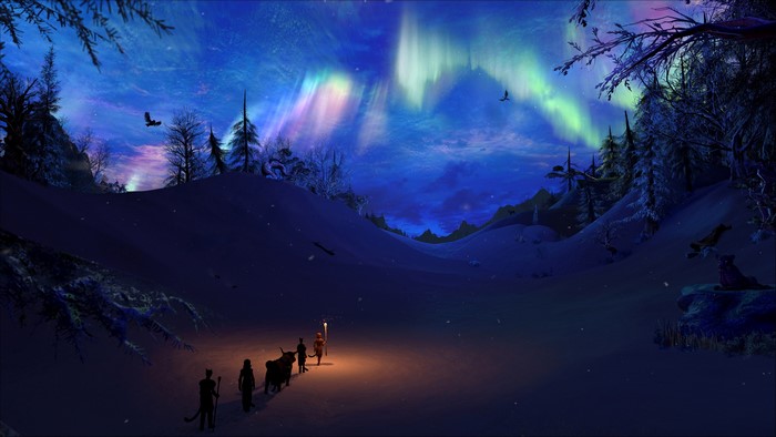 Fantasy art of a group traveling under aurorae in Skyrim