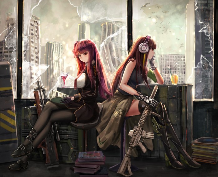 Anime girls with guns in ruined city