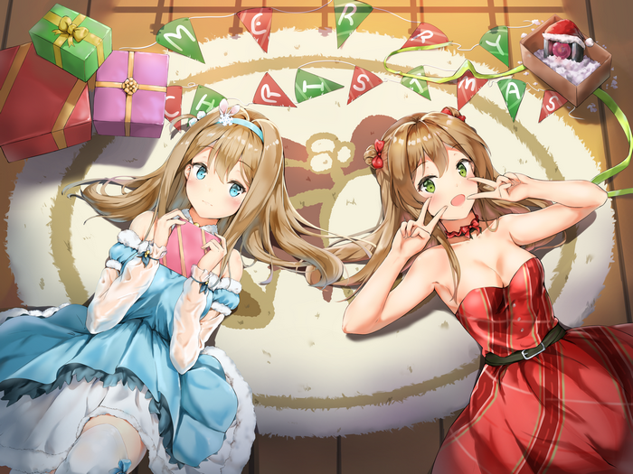 Anime girls with presents and Christmas decorations