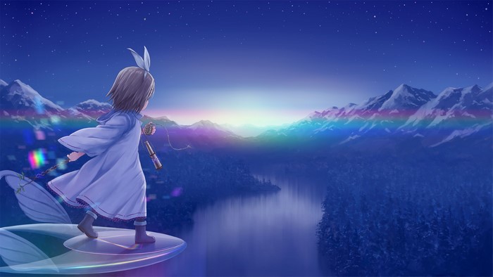 Anime girl with telescope on a floating platform overlooking mountains