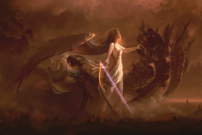 Fantasy art of an angel and demons