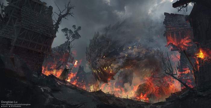 Dragon attacking a burning village