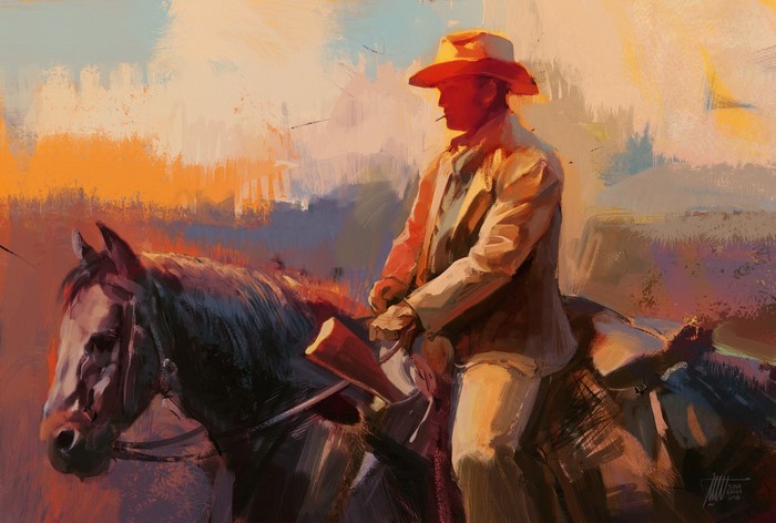 Cowboy on horseback with rifle at sunset