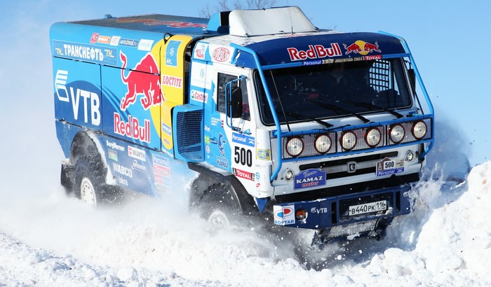 Kamaz Master truck with Red Bull and VTB sponsorship in snow