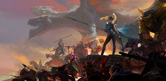 Dota 2 characters and dragons in a battle scene