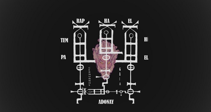 Symbolic artwork with occult symbols and a horned deity