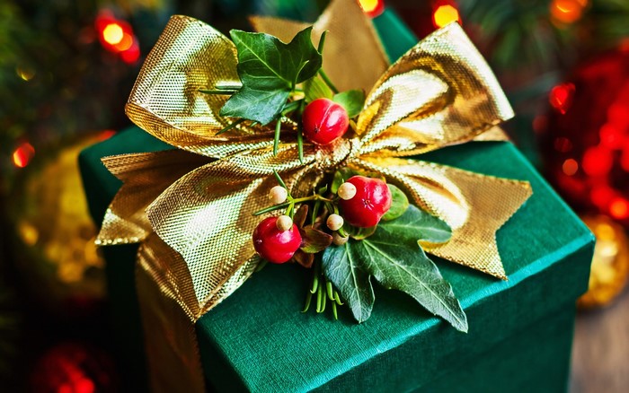 Green Christmas Gift Box with Gold Bow and Berries