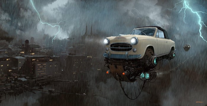 Flying car in a stormy, futuristic city