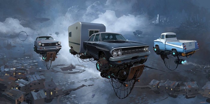 Futuristic flying cars and trucks over a city