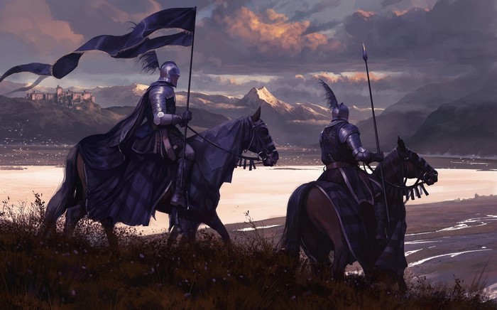 Knights on Horses Near Mountains and Castle