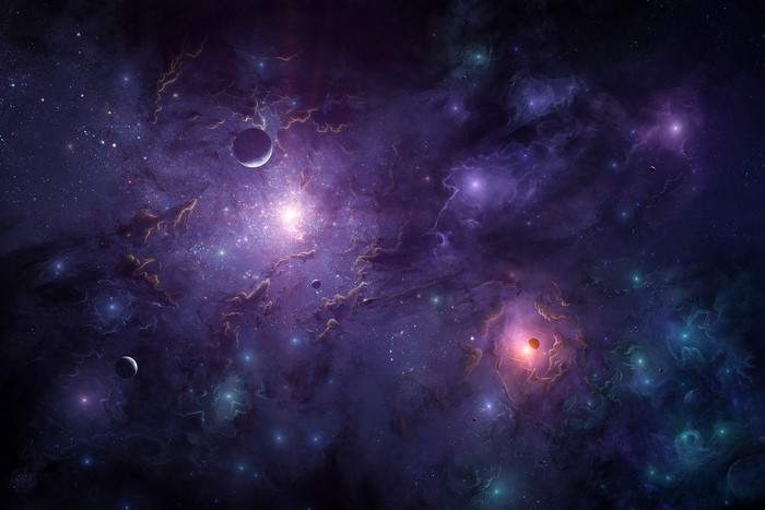 Purple and blue nebula with planets and stars