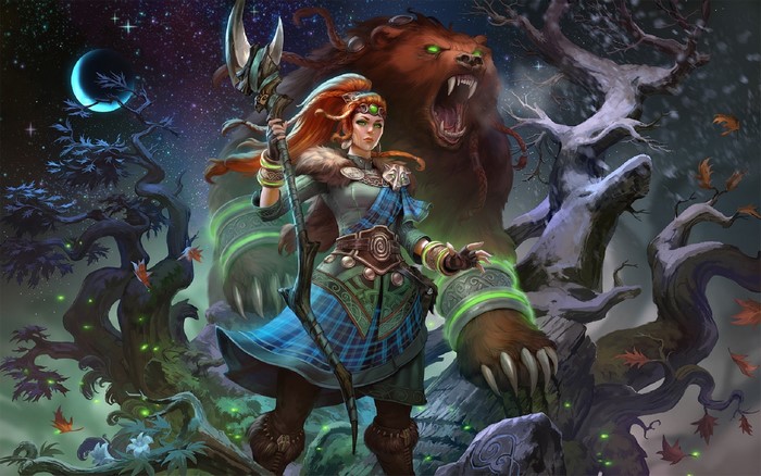 Fantasy warrior woman with bear spirit in starry night forest
