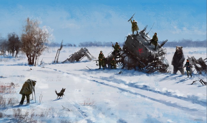 Soldiers and a bear near a crashed mech in a snowy landscape