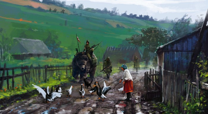 Soldiers on a bear and mech in a village by Jakub Różalski