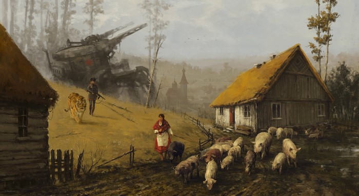Iron Harvest painting of a village with a tiger and a soldier