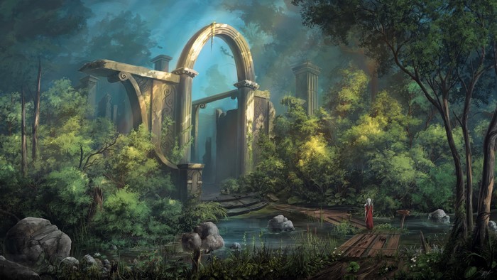 Fantasy ruins in a sunlit forest with a figure
