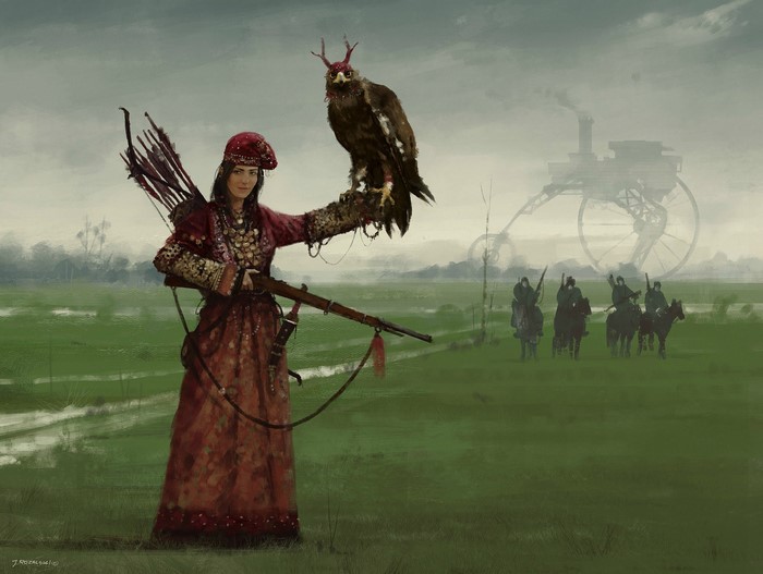 Woman with falcon and rifle, steampunk army in background