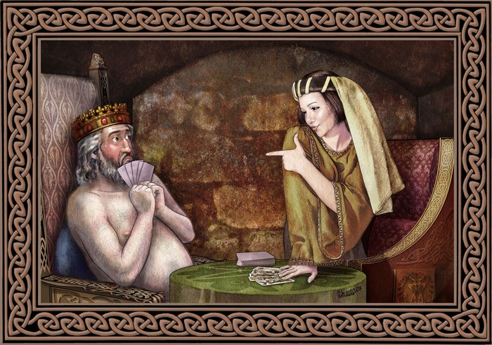 King playing cards with a woman in a medieval setting