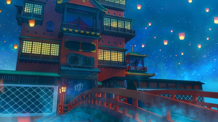 Spirited Away bathhouse at night with lanterns
