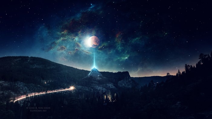 Pyramid structure under a moonlit sky with nebula and stars