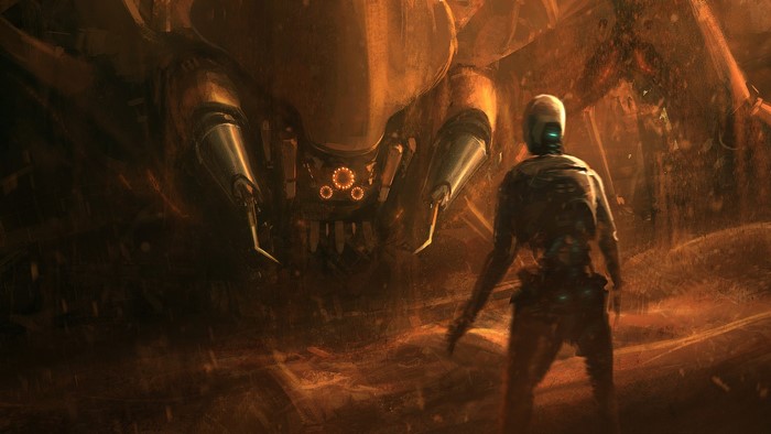 Robot facing a giant spider machine in a desert