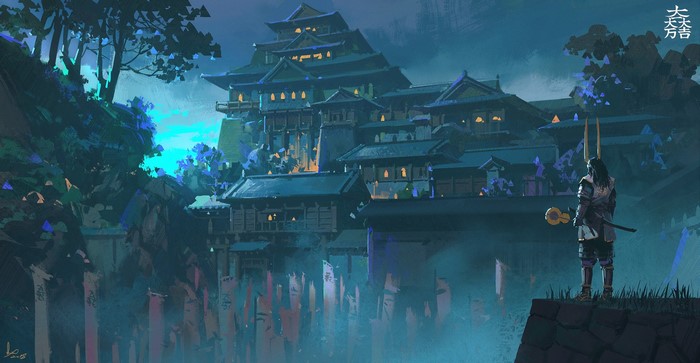 Samurai overlooking a Japanese castle at night