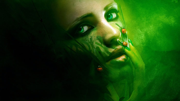 Woman with green eyes and ladybugs