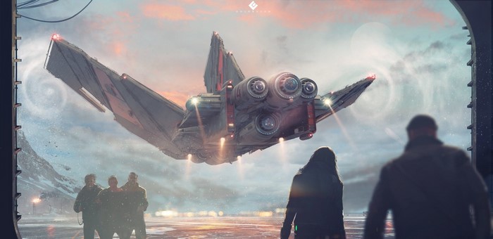Spaceship landing in a snowy landscape with people watching