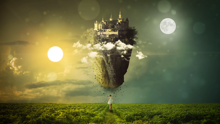 Floating castle with sun and moon over a field