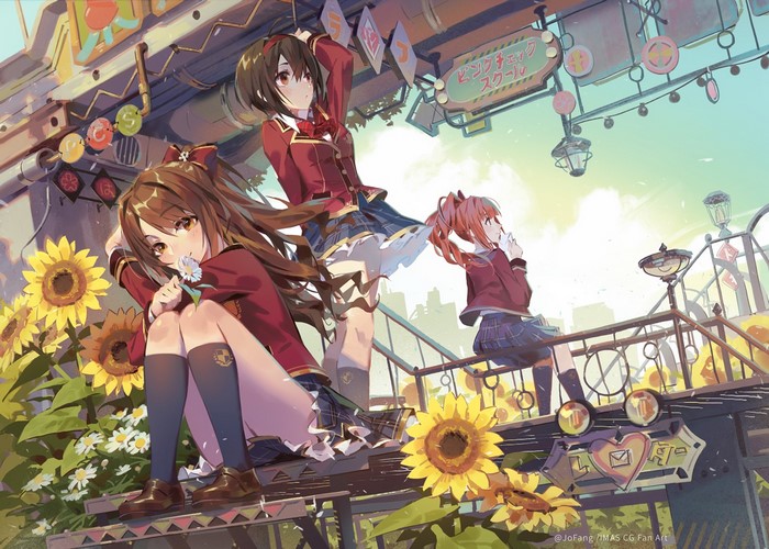 Three anime girls in school uniforms with sunflowers
