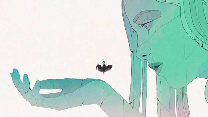Woman holding a small figure, Gris video game art