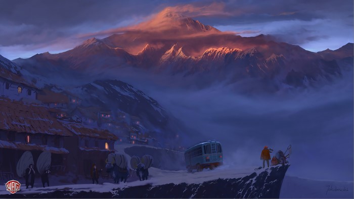 Fantasy village with buses and mountains