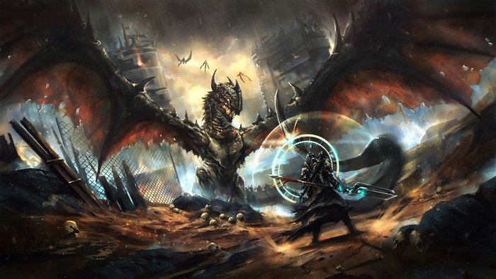 Dragon fighting a warrior with a shield