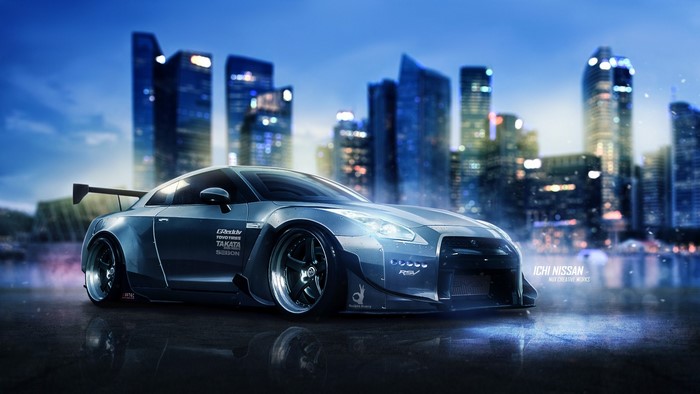 Modified Nissan GT-R R35 in a city at night