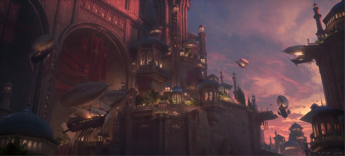 Fantasy architecture with airships at sunset