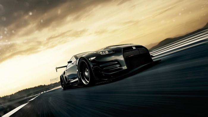 Black Nissan GT-R on a race track