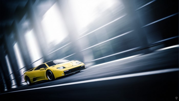 Yellow Lamborghini Diablo driving through a tunnel